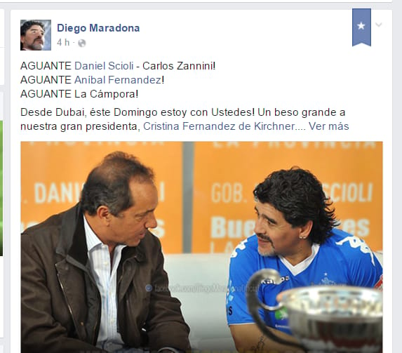 Maradona: "Aguante Scioli, Zannini, Aníbal y La Cámpora"