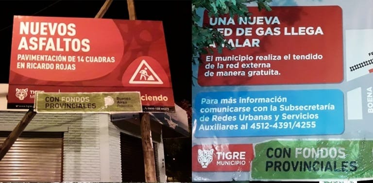 Tigre: Polémica por carteles de obras municipales a los que les pegaron la leyenda "con fondos provinciales"