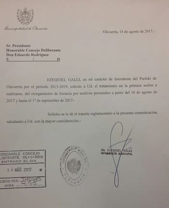 Olavarría: El Intendente Galli pidió licencia de 15 días "por motivos personales"
