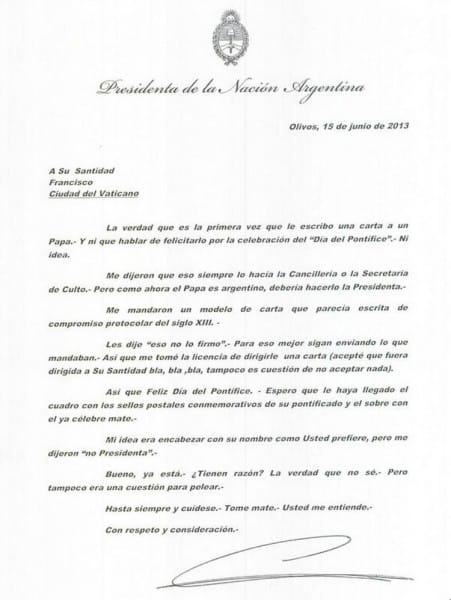 Cristina le envió una carta al Papa Francisco por el Día del Pontífice