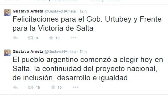 Bonaerenses del FPV celebran por Twitter el triunfo de Urtubey en Salta