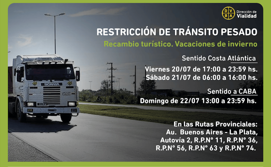 Restricción de camiones en rutas de la Provincia de Buenos Aires por las vacaciones de invierno 