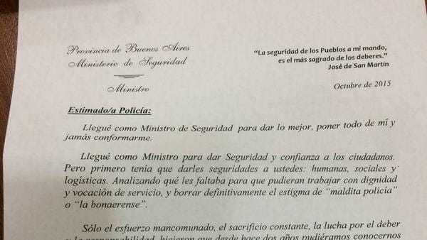 Polémica carta donde Granados le pide a los policías que voten a Scioli  