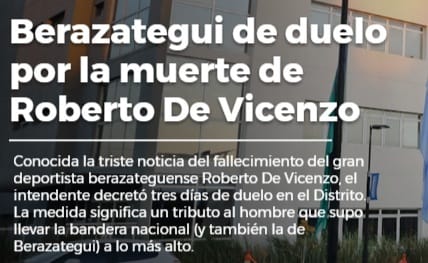 Muerte de De Vicenzo: Decretaron tres días de duelo en Berazategui
