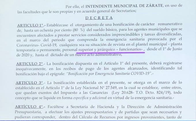 Polémica en Zárate: En plena pandemia, el Intendente dio aumento del 80% para funcionarios ¡y con retroactivo!