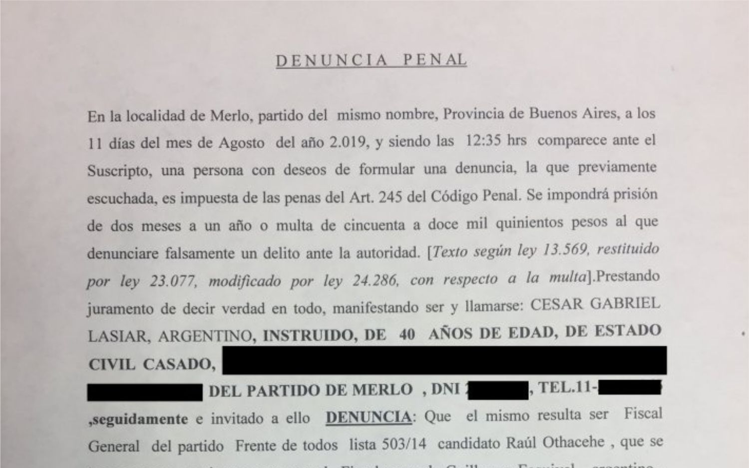 Escándalo en Merlo: Othacehé denunció penalmente el robo de boletas y acusó a Menéndez