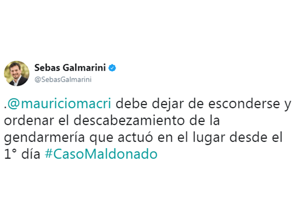 Caso Maldonado: Senador massista Galmarini le pidió a Macri que "no se esconda" y le pida la renuncia a Bullrich