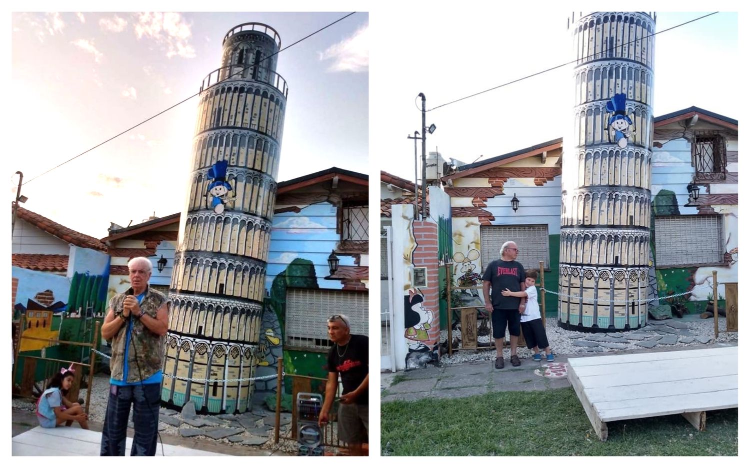 Ituzaingó: Construyó una Torre de Pisa en el frente de la casa y repartió comida y gaseosa a 200 vecinos