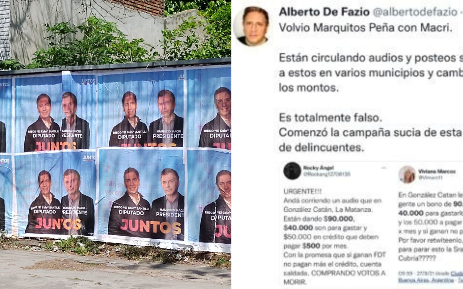La campaña empezó sucia: En el primer día aparecieron afiches truchos de Santilli y falsos cheques del FdT