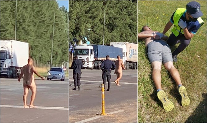 Video: Un "nudista" en plena ruta 2 fue reducido por efectivos policiales