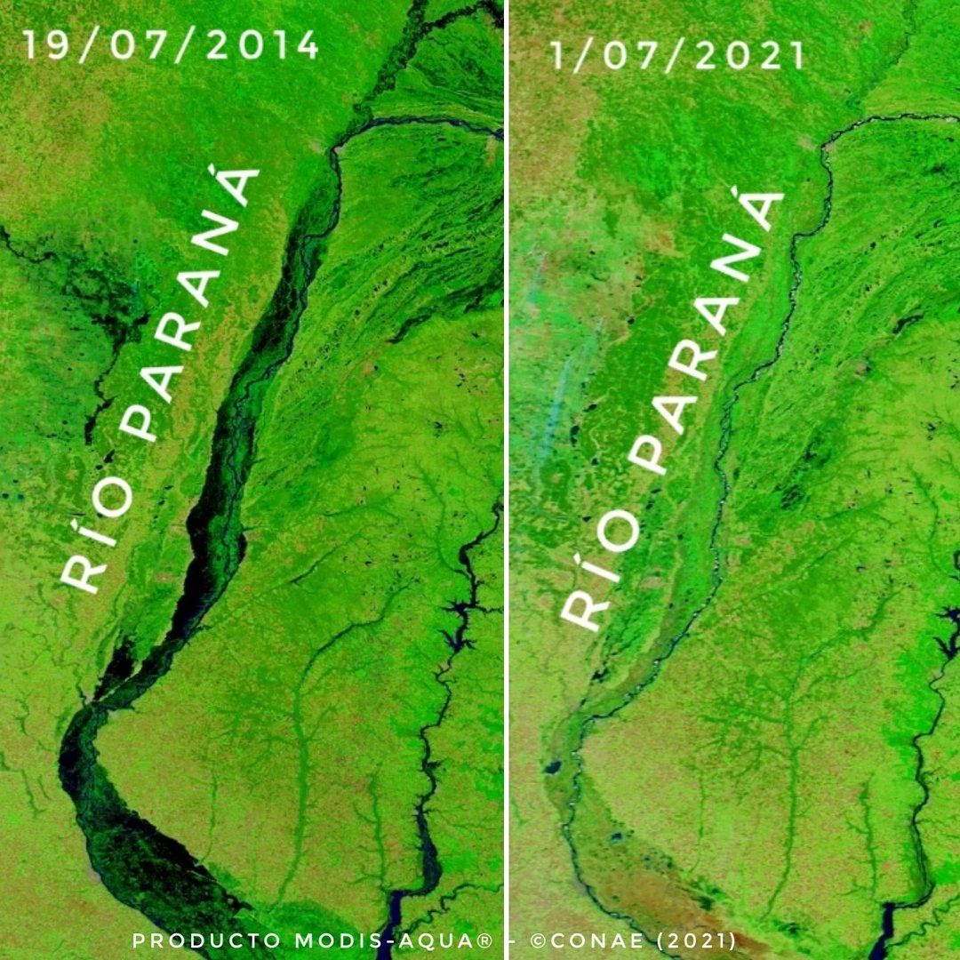 Bajante histórica del Río Paraná desde el espacio: Recomendaron moderar el uso de agua en la zona  