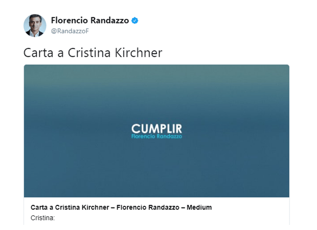 Ahora Randazzo le escribió a Cristina y la acusó de ser la responsable de fragmentar a la oposición