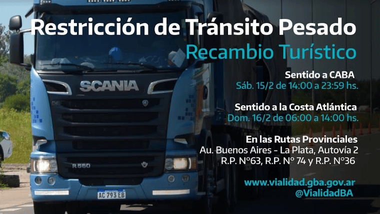 Restricción de camiones en rutas de la Provincia de Buenos Aires por segundo recambio turístico de febrero