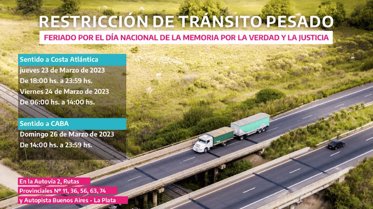  Día Nacional de la Memoria: Restricción de camiones por el 24 de marzo en rutas de Provincia de Buenos Aires