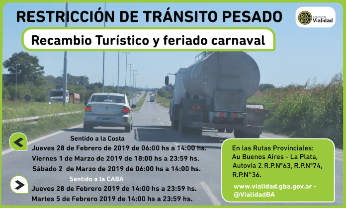 Restricción de camiones en rutas de la Provincia de Buenos Aires por el feriado de carnaval