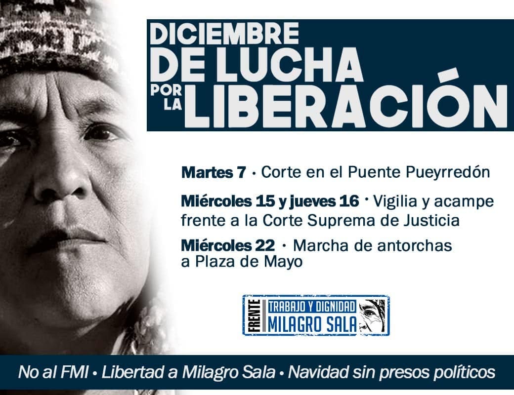 Por Milagro Sala: Con un corte en Puente Pueyrredón este 7 de diciembre, comienza un mes con protestas