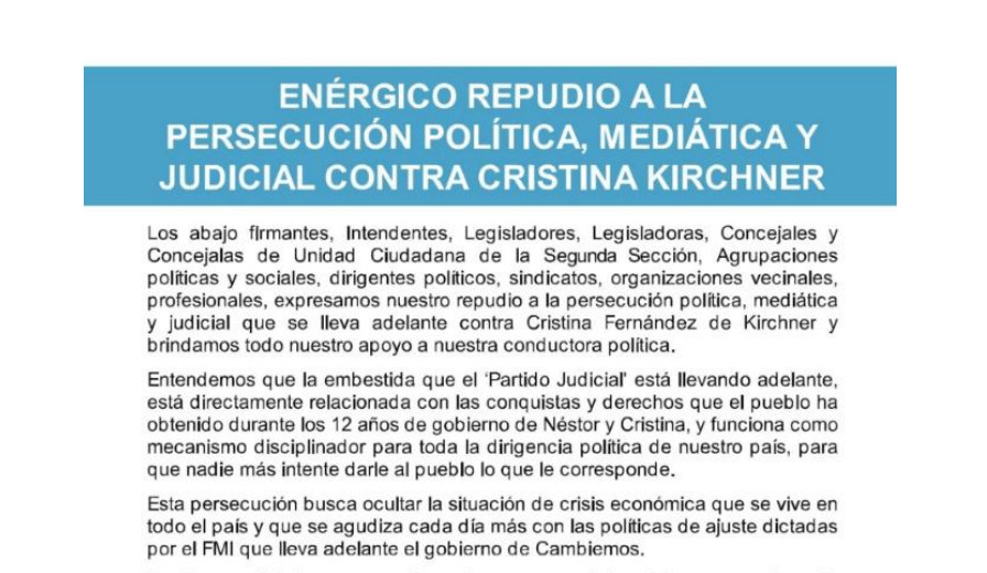 El kirchnerismo de la Segunda sección repudió la "persecución" a Cristina Kirchner y le manifestó su apoyo