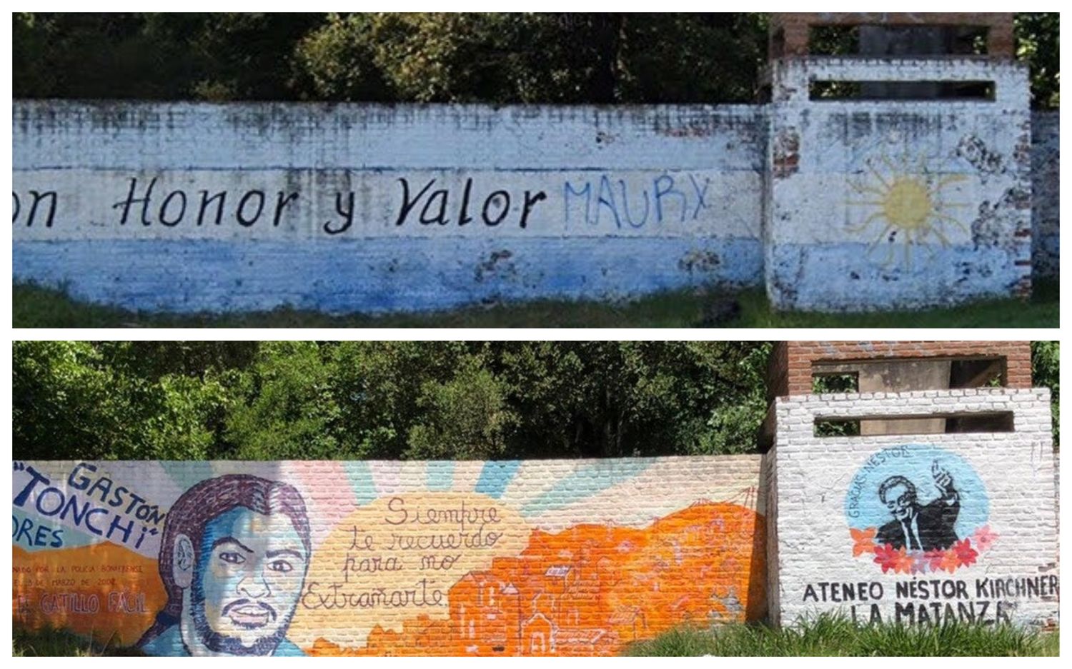 Taparon el mural que homenajeaba a policías muertos en La Tablada con una pintada de Néstor Kirchner