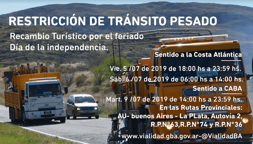 Restricción de camiones en rutas de la Provincia por fin de semana largo del 9 de julio