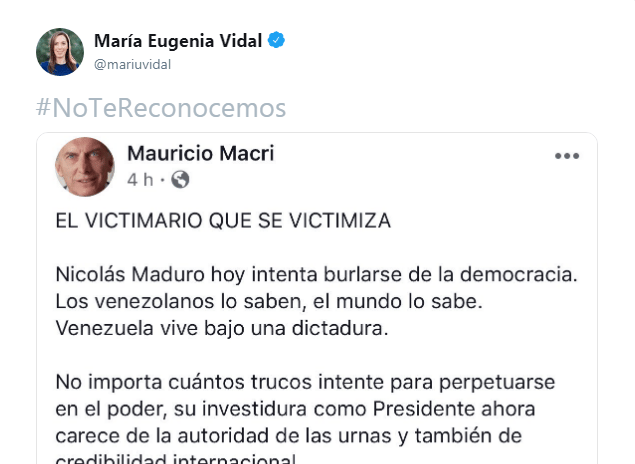 Vidal y legisladores bonaerenses se sumaron al hashtag #NoTeReconocemos contra Maduro