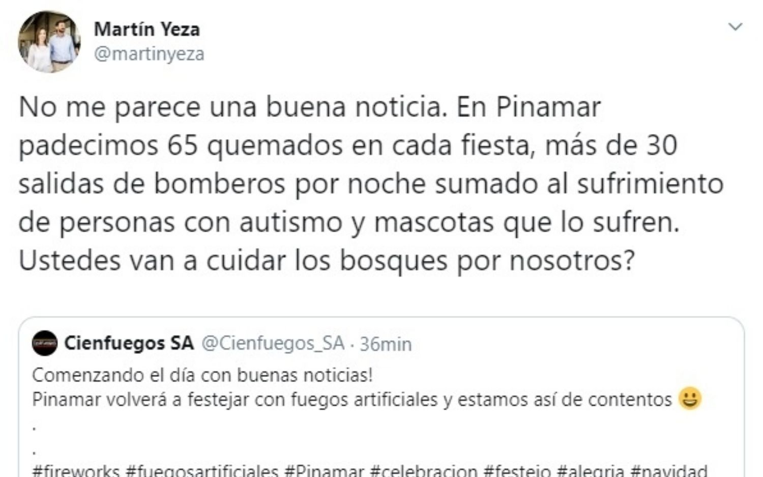 Yeza cruzó a Cienfuegos en Twitter por el fallo que volvió a autorizar la pirotecnia en Pinamar