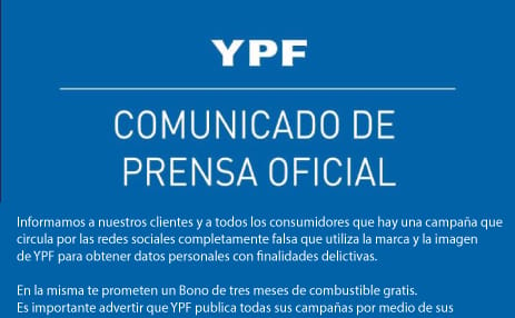 YPF advierte a sus clientes por una campaña falsa que circula en redes sociales con fines delictivos