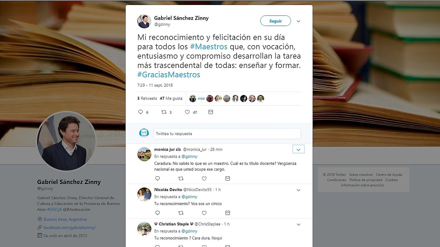 Sánchez Zinny saludó a los maestros por Twitter y los docentes salieron al cruce: "Sos un cínico"
