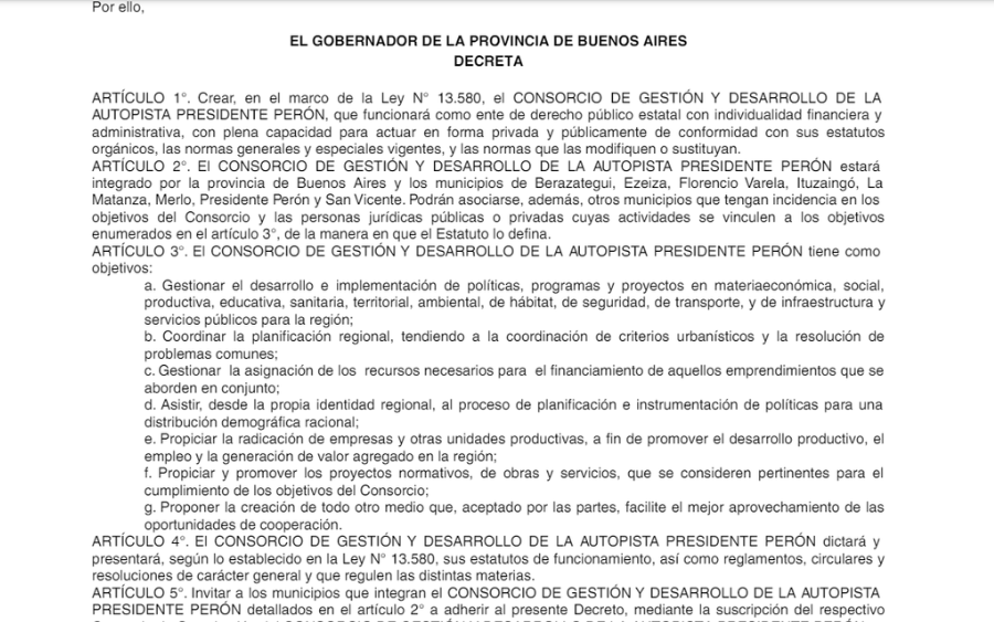 decreto consorcio autopista Perón