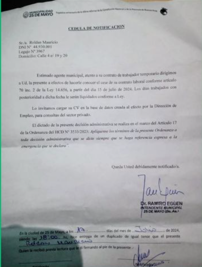 La cédula que les llegó a los trabajadores. FOTO: Baires Centro.