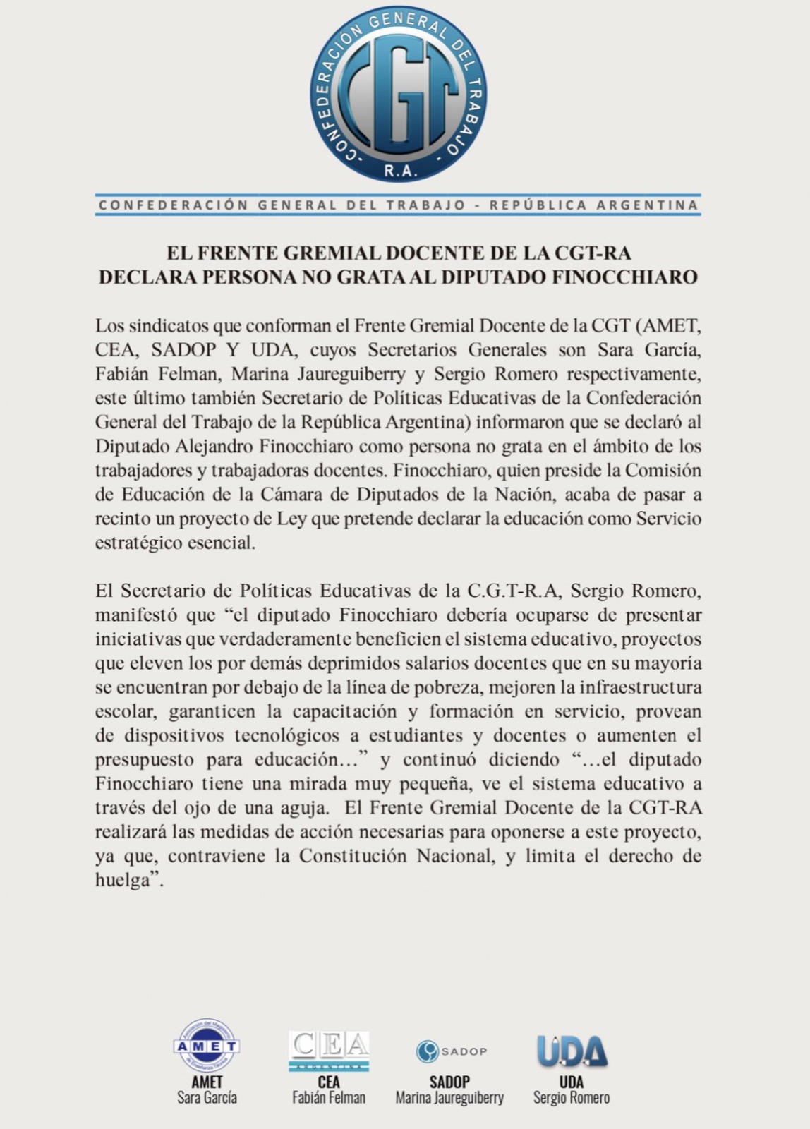 Declaración del Frente Gremial Docente.