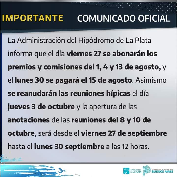 El comunicado de la Administración de Hipódromo de La Plata emitido este jueves 26 de septiembre.
