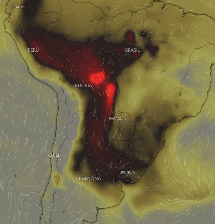 El humo cubriendo gran parte de sudamérica.