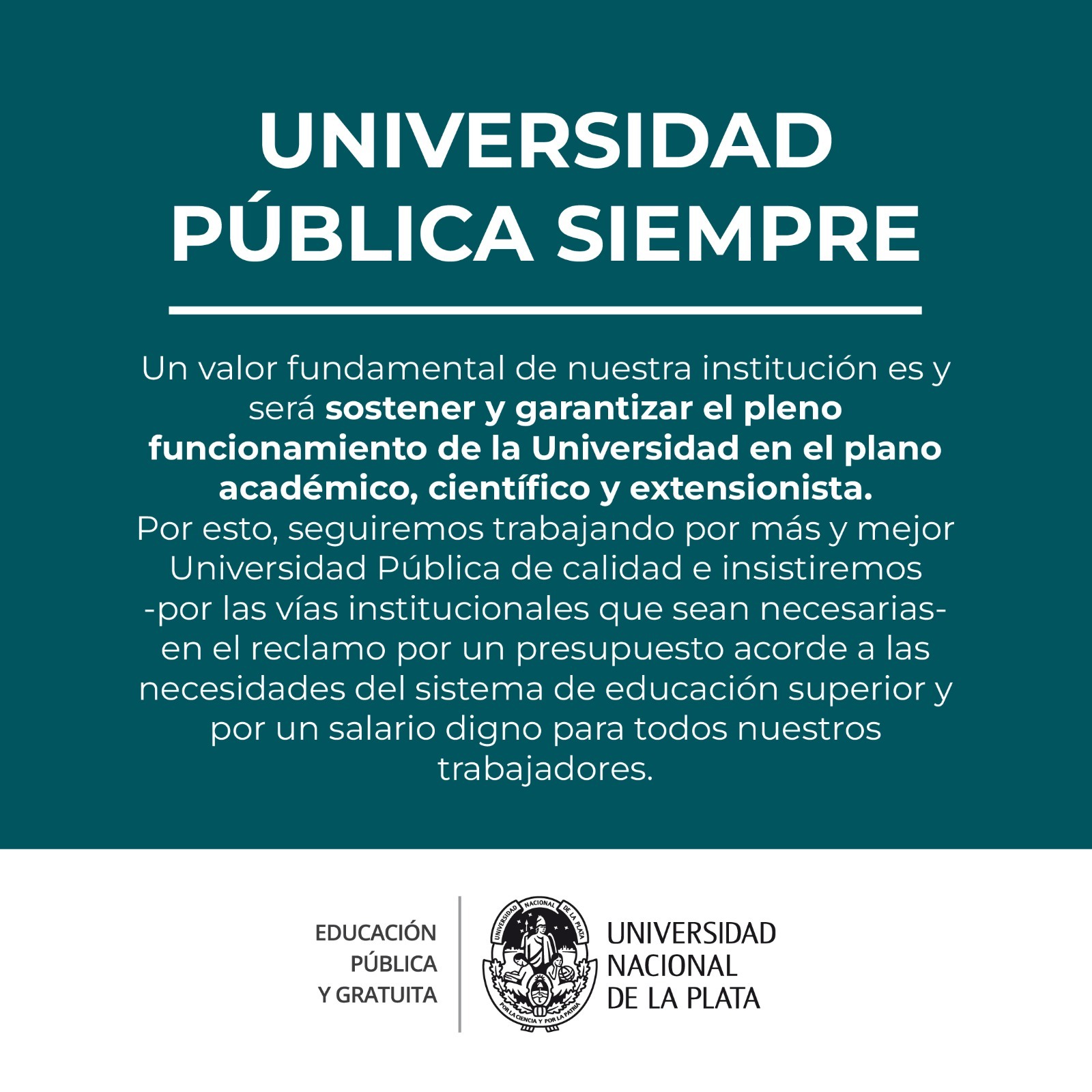 Comunicado de la Universidad Nacional de La Plata (UNLP).