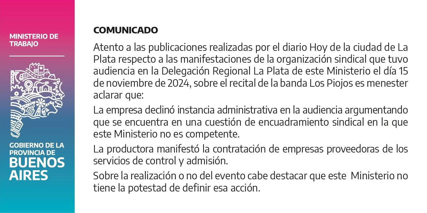 El comunicado del ministerio de Trabajo de la Provincia.