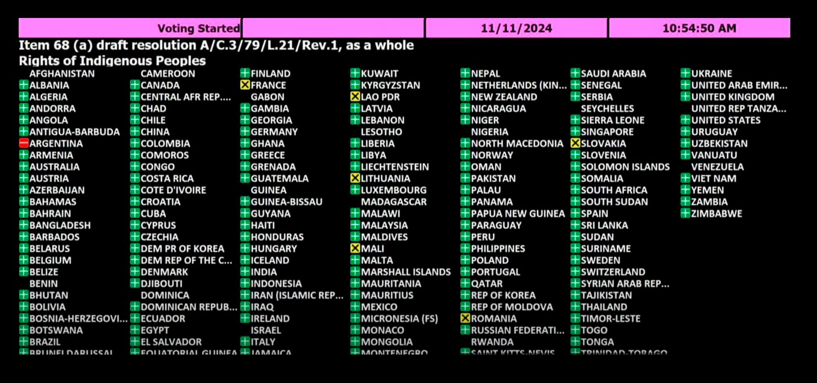 La votación de la resolución sobre los derechos de los pueblos indígenas.