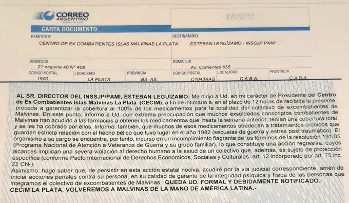 Carta Documento enviada por el CECIM al titular de PAMI.