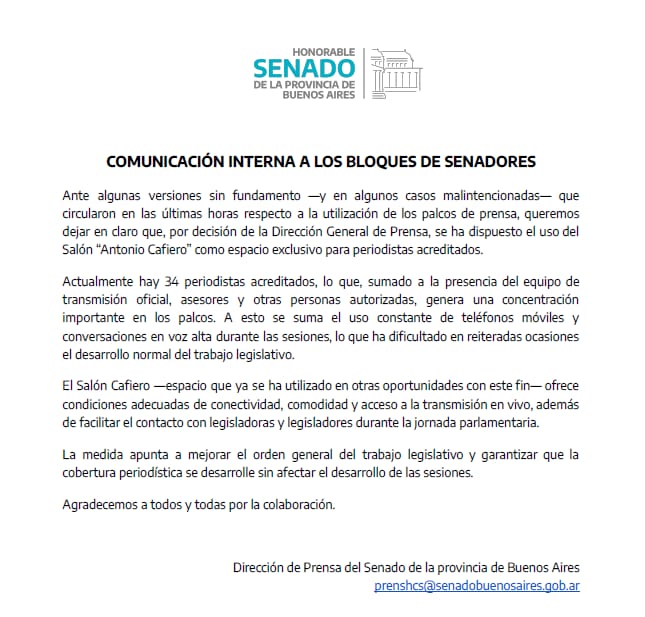 El comunicado interno de la dirección de Prensa del Senado de la provincia de Buenos Aires.