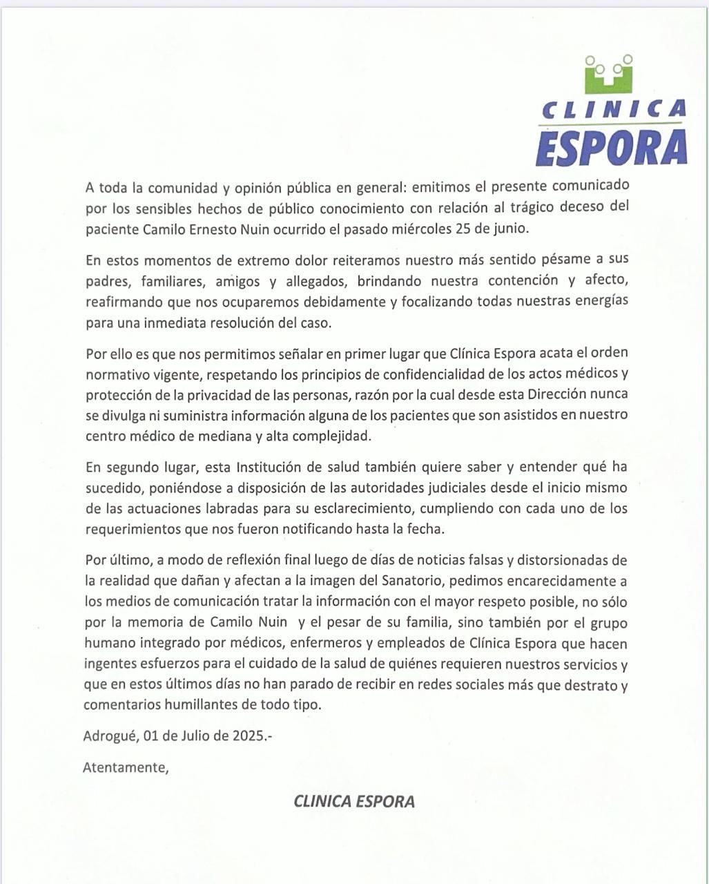 comunicado camilio nuin