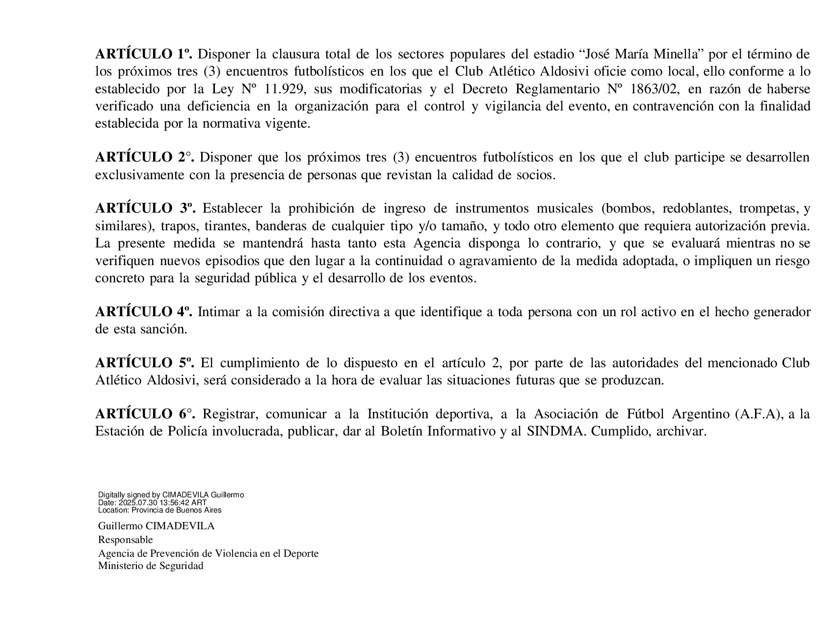 resolución aprevide sanción aldosivi