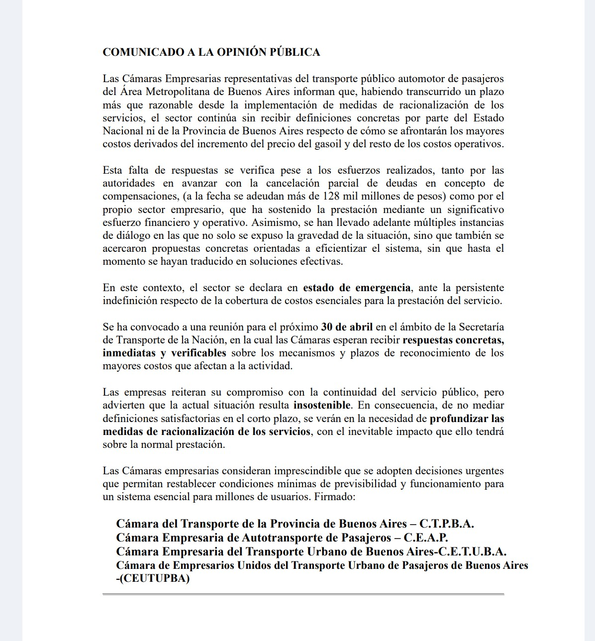 comunicado empresas colectivos
